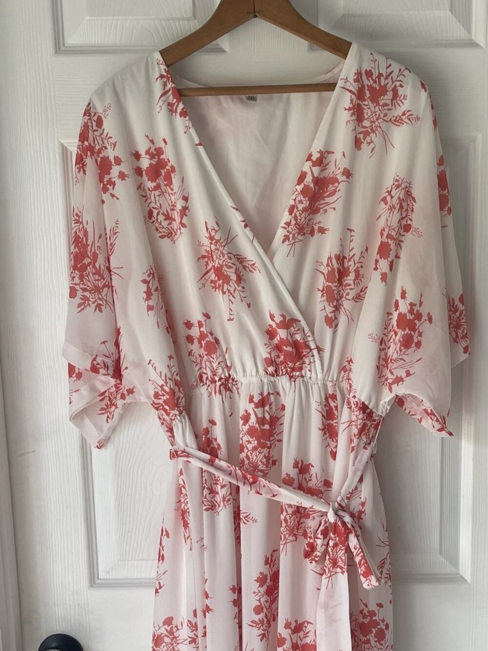 Red and White Floral Faux Wrap Dress